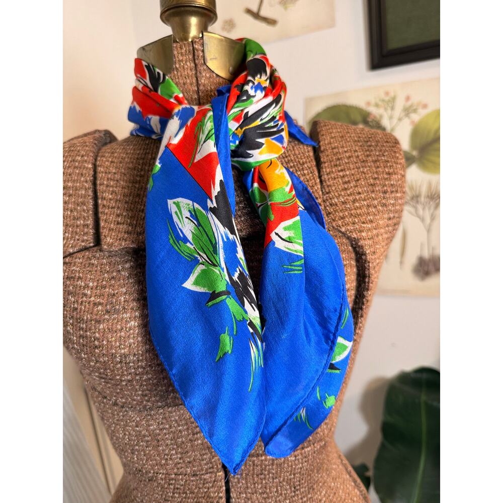 Women’s Silk Scarf Floral Made in Japan Bright Colorful Vintage